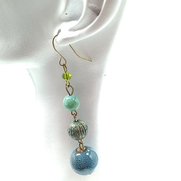 Dangle Earrings with Ear Hooks, Round Glass Blue, Turquoise, Acrylic Bead - Picture 1 of 6